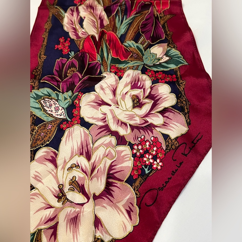 Oscar de la Renta deep red with whte & multi color floral silk